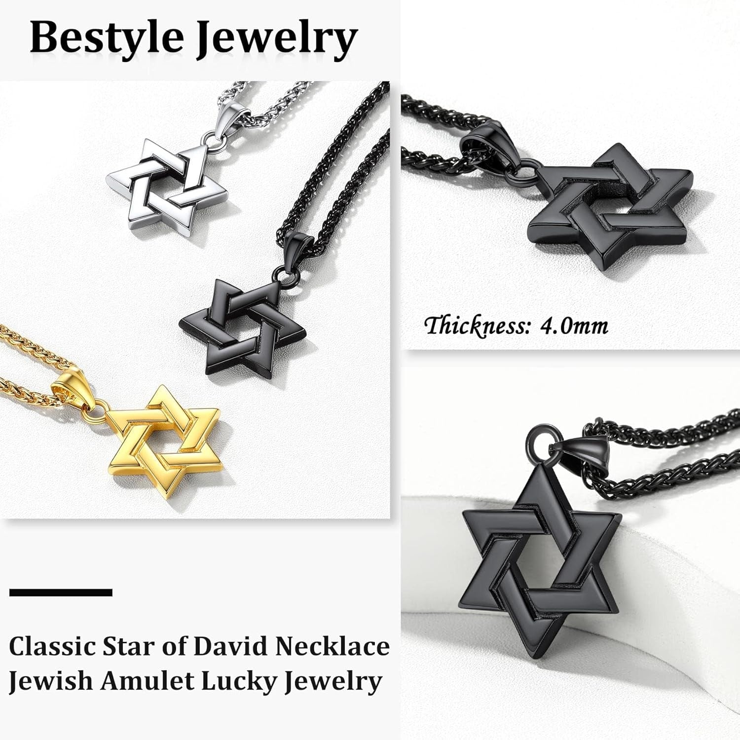 Star of David Necklace Handmade Stainless Steel Hexagram Pendant Israel Jewish Star Necklace Religious Jewelry, Protective Amulet Gift for Men Boys