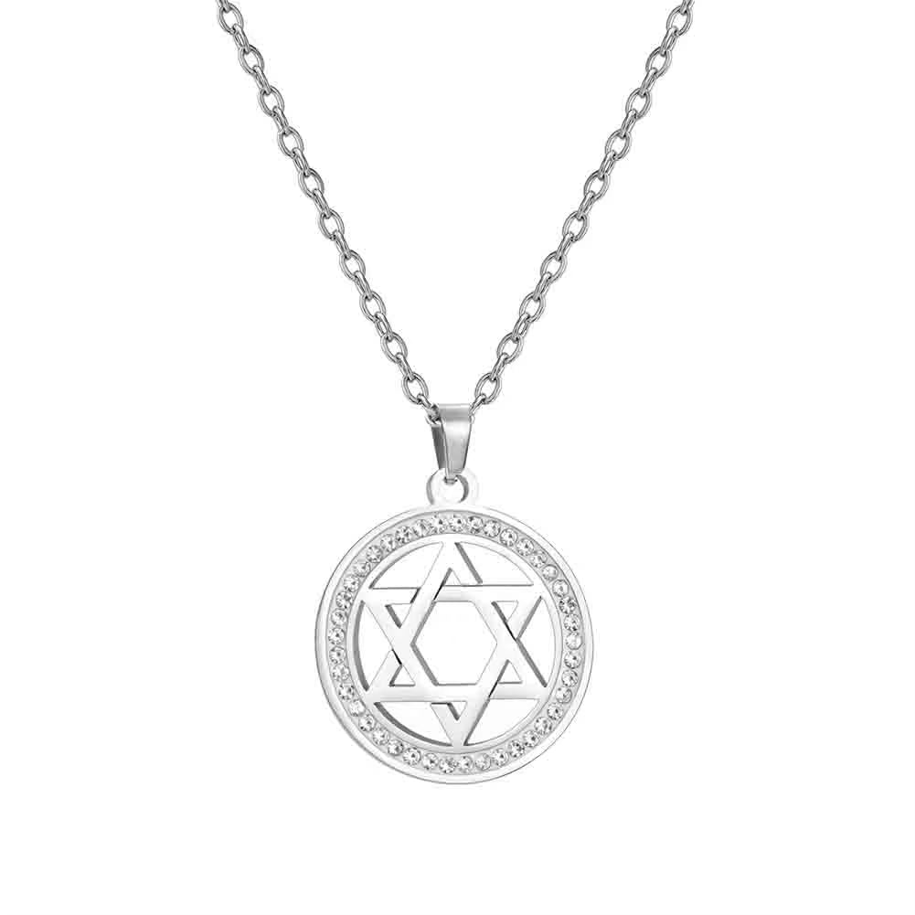 Star of David Stainless Steel Vintage Necklace Clear Zircon round Pendant Necklaces Jewelry Wedding Gift for Women Men