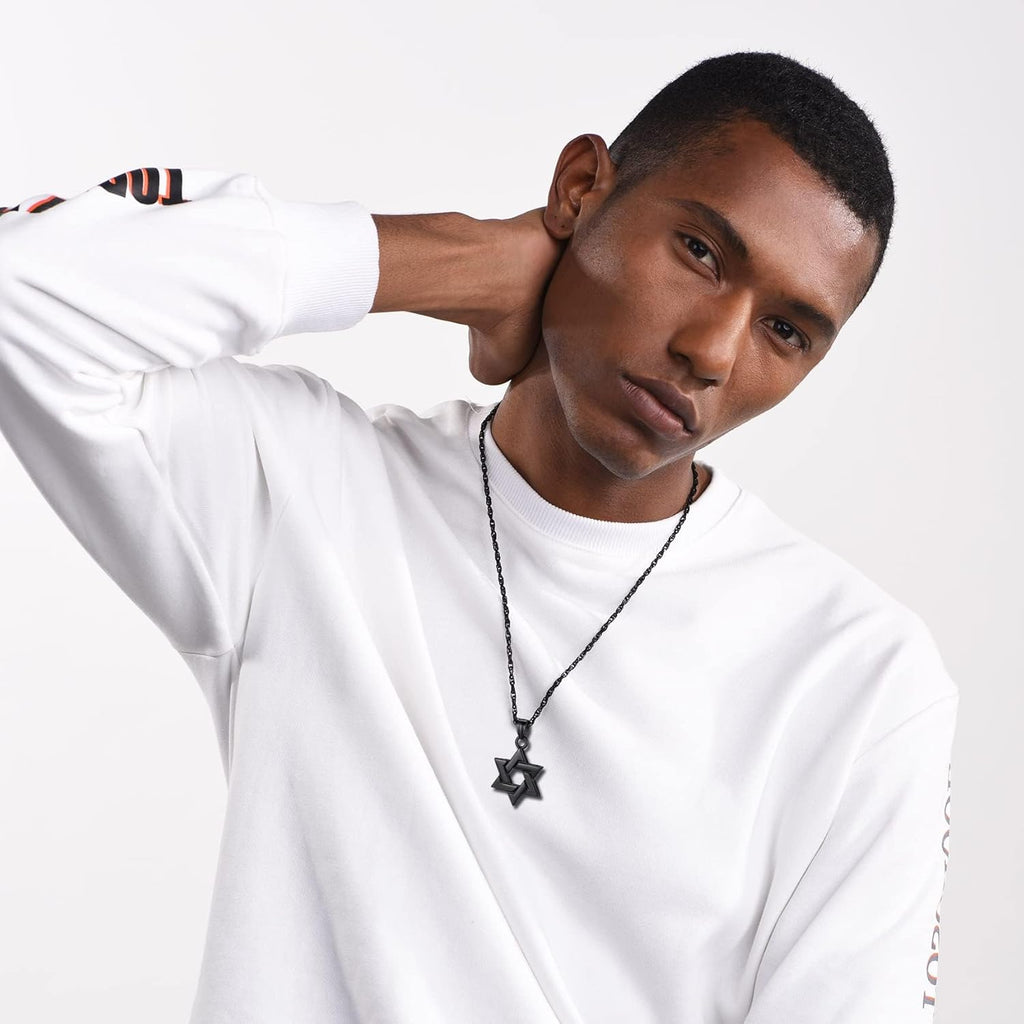 Star of David Necklace Handmade Stainless Steel Hexagram Pendant Israel Jewish Star Necklace Religious Jewelry, Protective Amulet Gift for Men Boys