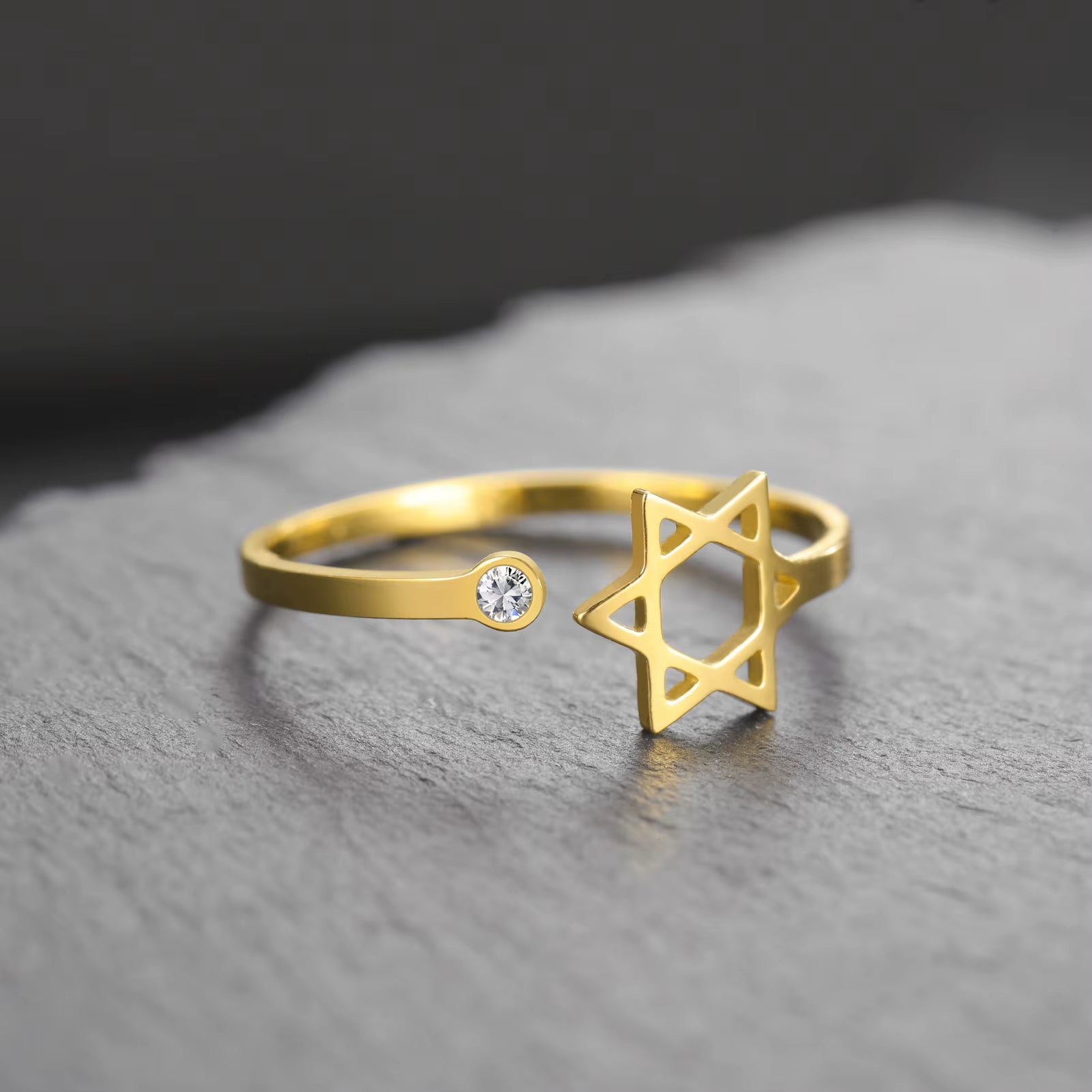 Jewish Star of David Open Ring with Clear Zircon Stainless Steel Ring Women Hexagram Jewelry Birthday Gift Wholesale