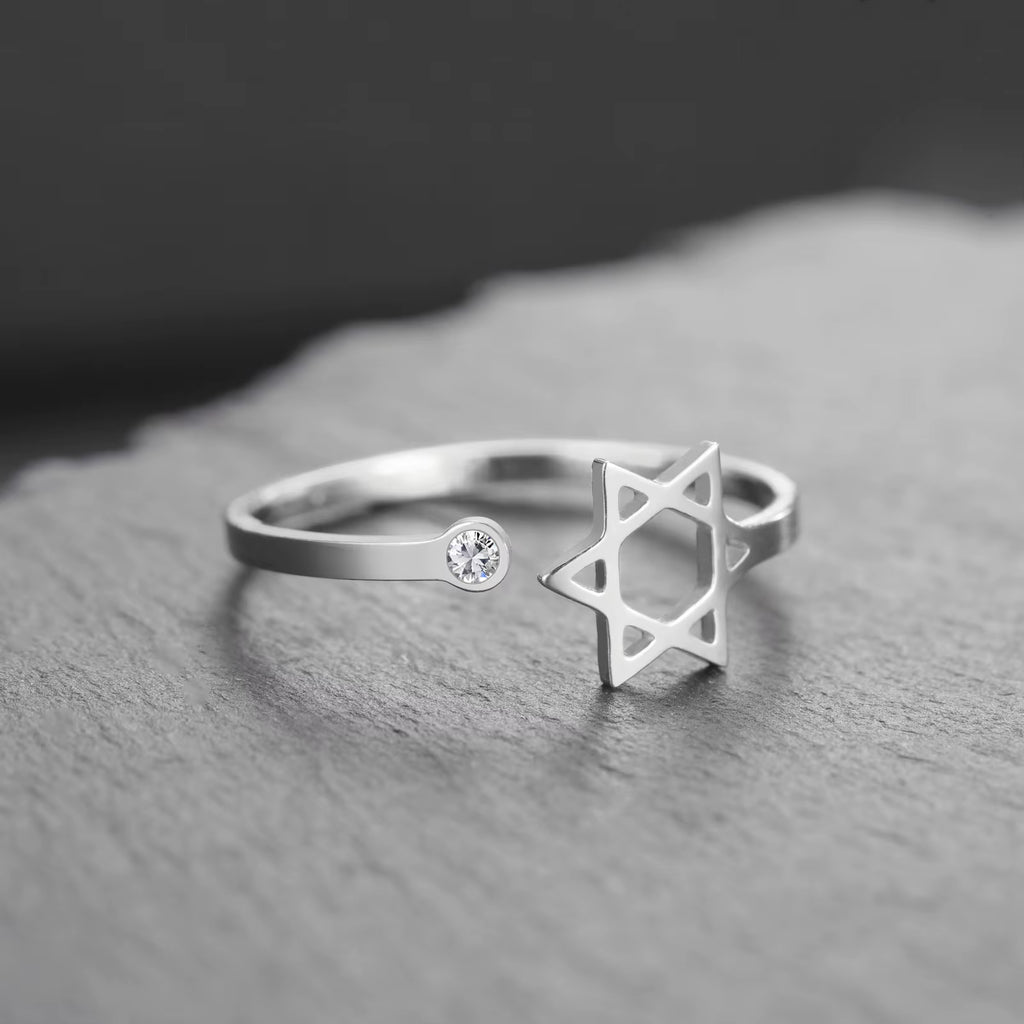Jewish Star of David Open Ring with Clear Zircon Stainless Steel Ring Women Hexagram Jewelry Birthday Gift Wholesale