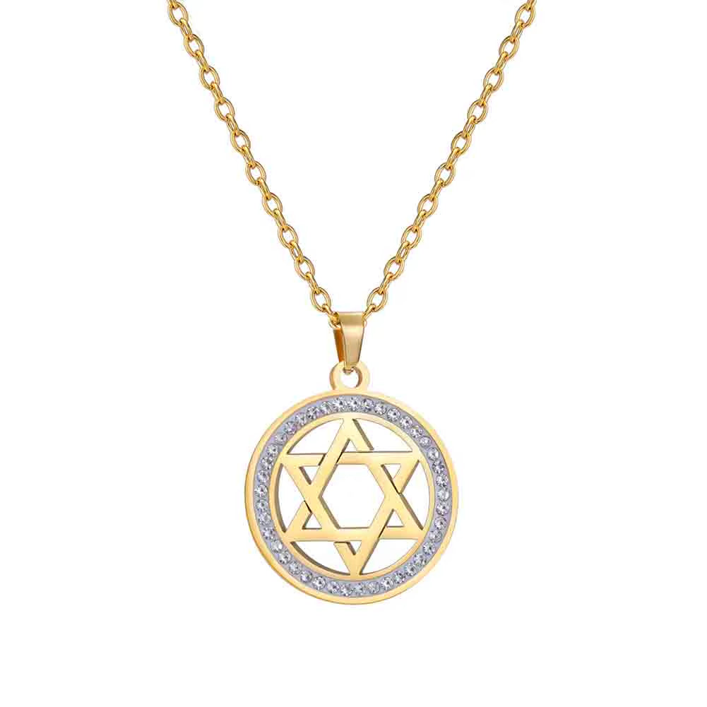 Star of David Stainless Steel Vintage Necklace Clear Zircon round Pendant Necklaces Jewelry Wedding Gift for Women Men