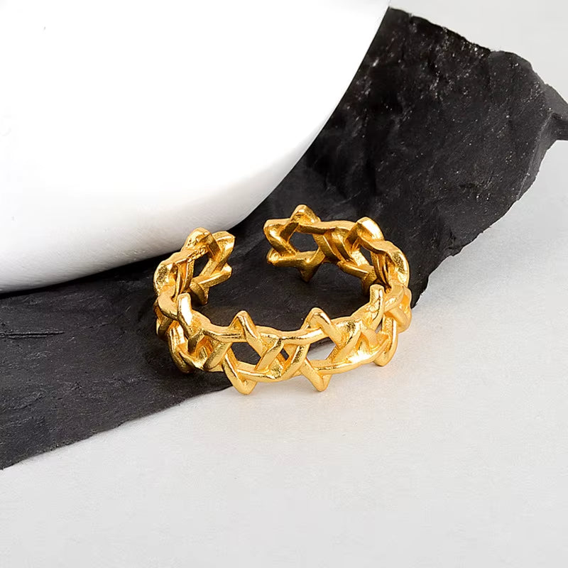 Gold Color Geometric Hexagram Open Ring for Men Women Hollow Star of David Chanukah Jewish Pentagram Adjustable Rings Male Gift