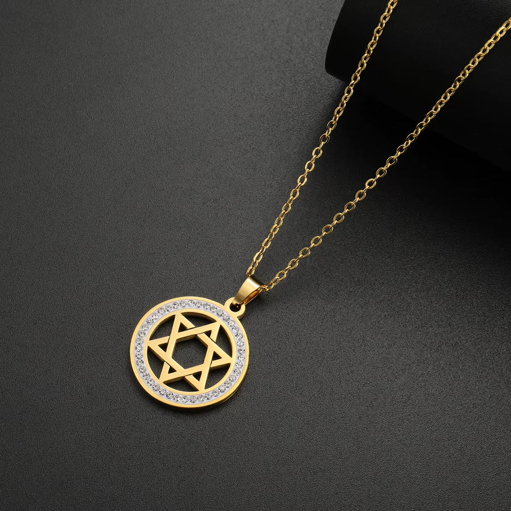 Star of David Stainless Steel Vintage Necklace Clear Zircon round Pendant Necklaces Jewelry Wedding Gift for Women Men