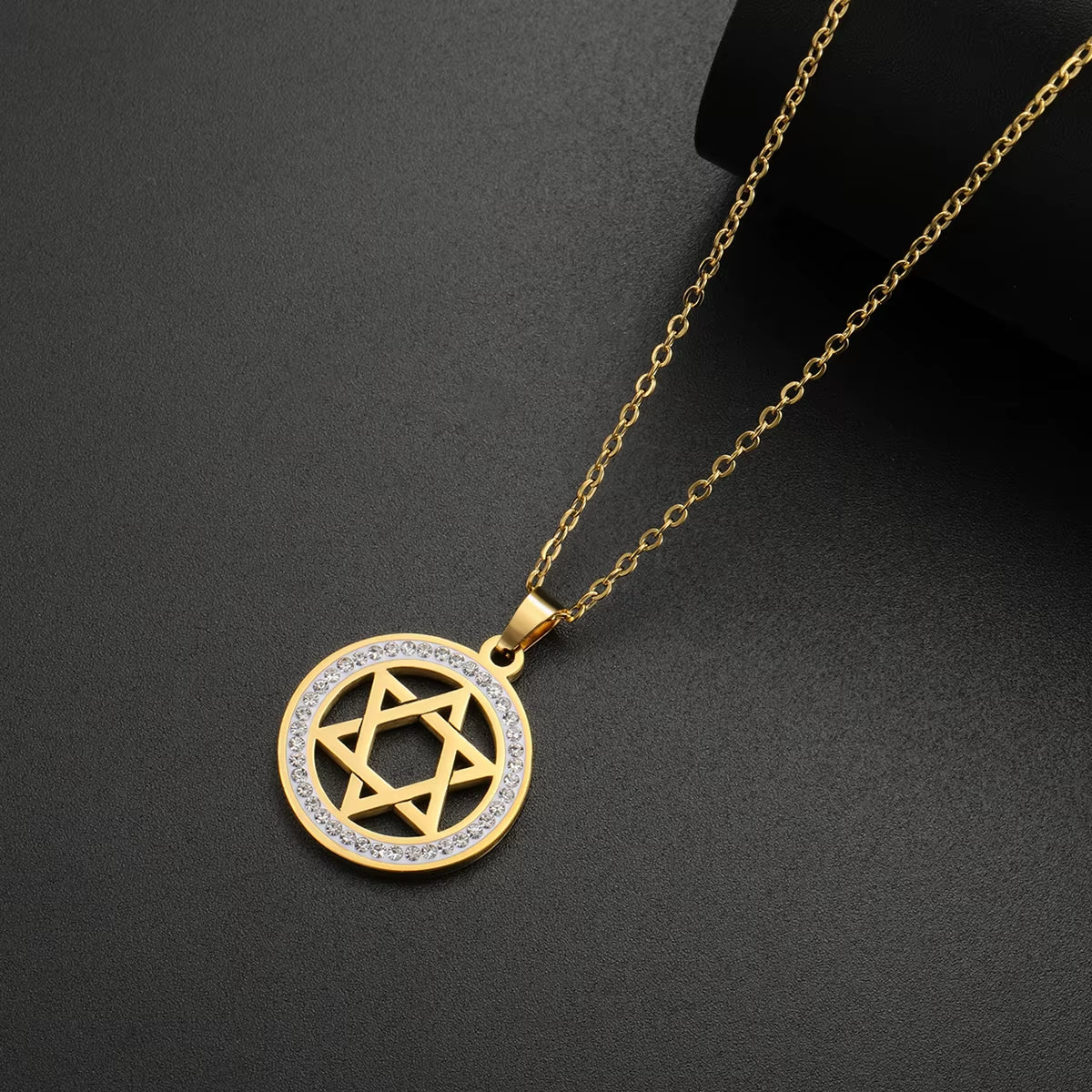 Star of David Stainless Steel Vintage Necklace Clear Zircon round Pendant Necklaces Jewelry Wedding Gift for Women Men