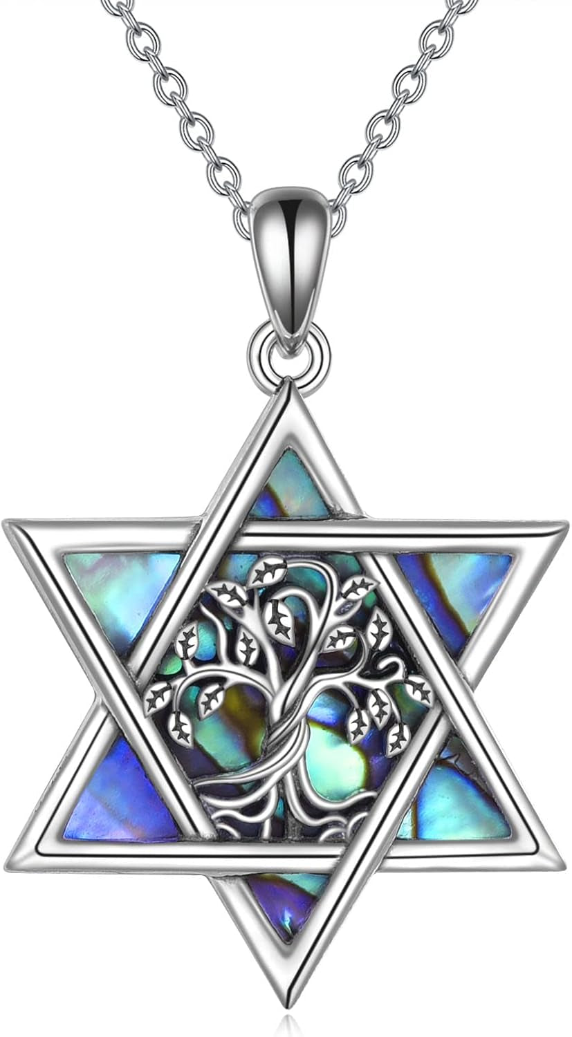 Star of David Necklace Sterling Sliver Abalone Shell Tree of Life Necklace Jewish Jewelry Gifts for Women Men