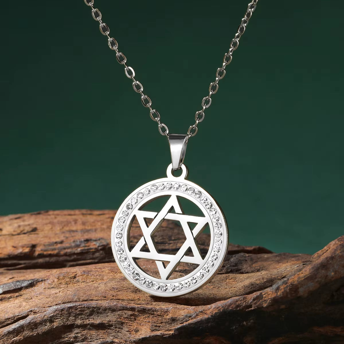 Star of David Stainless Steel Vintage Necklace Clear Zircon round Pendant Necklaces Jewelry Wedding Gift for Women Men