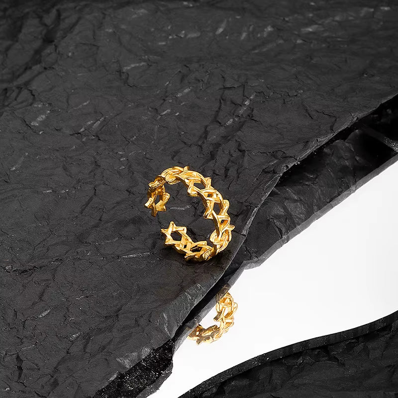 Gold Color Geometric Hexagram Open Ring for Men Women Hollow Star of David Chanukah Jewish Pentagram Adjustable Rings Male Gift