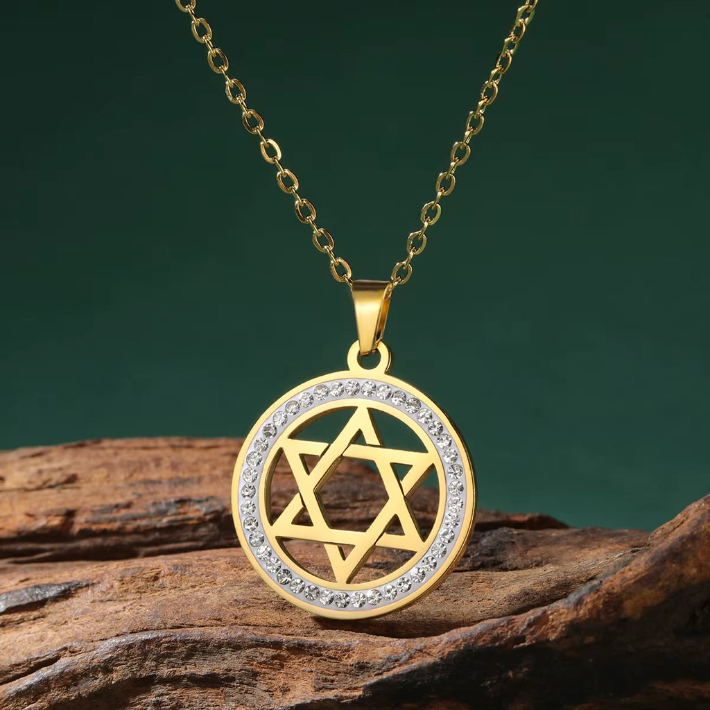 Star of David Stainless Steel Vintage Necklace Clear Zircon round Pendant Necklaces Jewelry Wedding Gift for Women Men