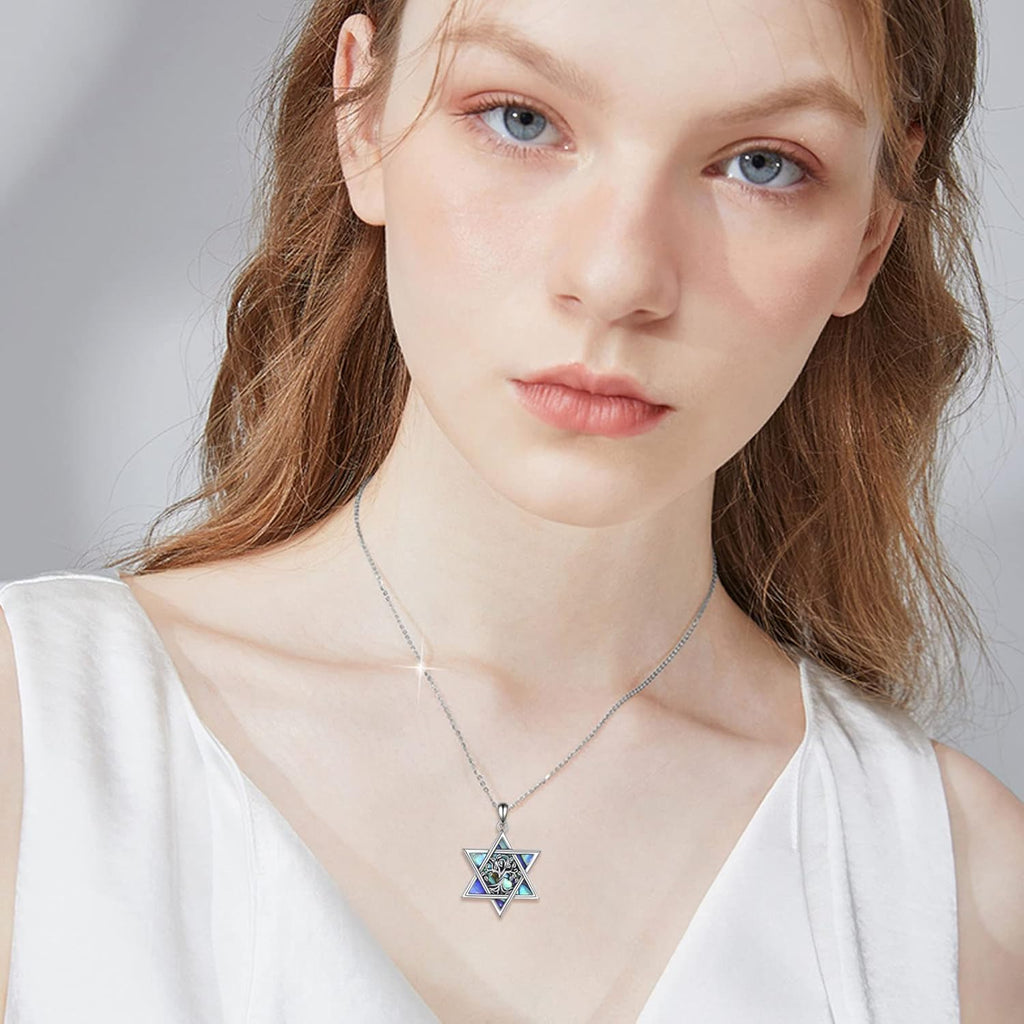 Star of David Necklace Sterling Sliver Abalone Shell Tree of Life Necklace Jewish Jewelry Gifts for Women Men