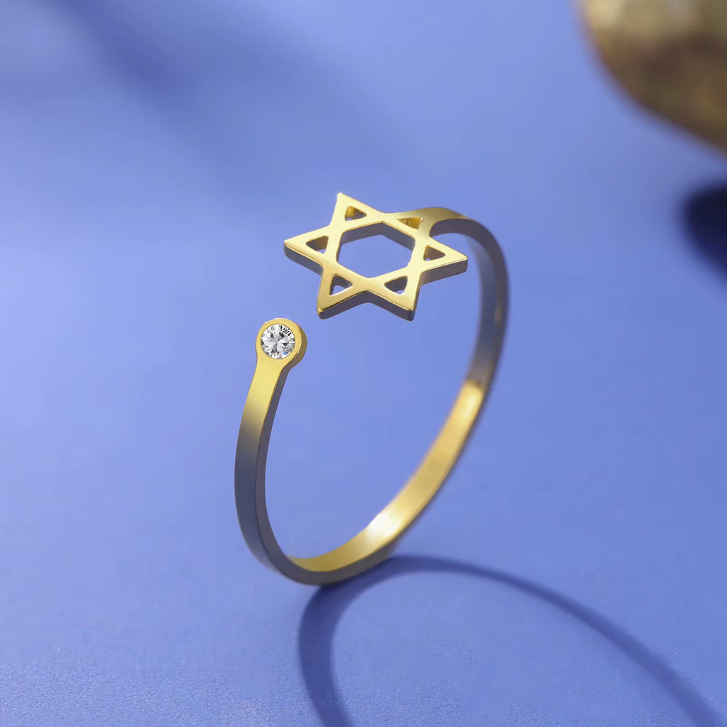 Jewish Star of David Open Ring with Clear Zircon Stainless Steel Ring Women Hexagram Jewelry Birthday Gift Wholesale