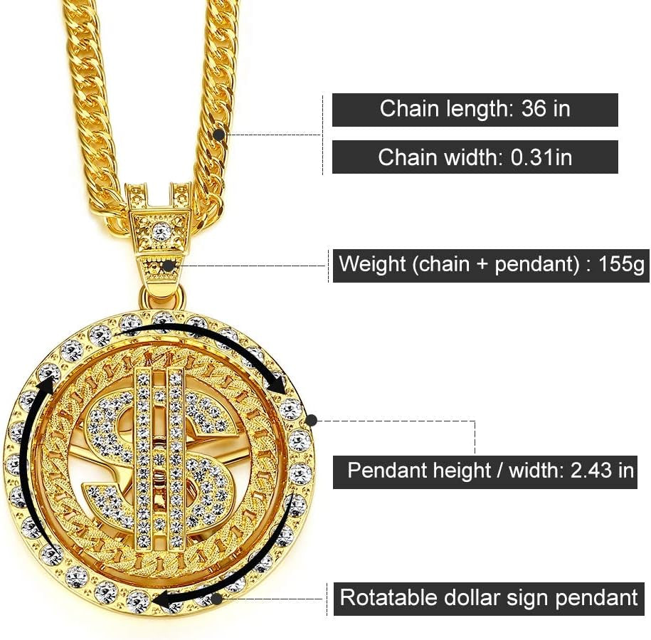 Costume Golden Chain for Men Spinner Dollar Sign Necklaces 36 Inches