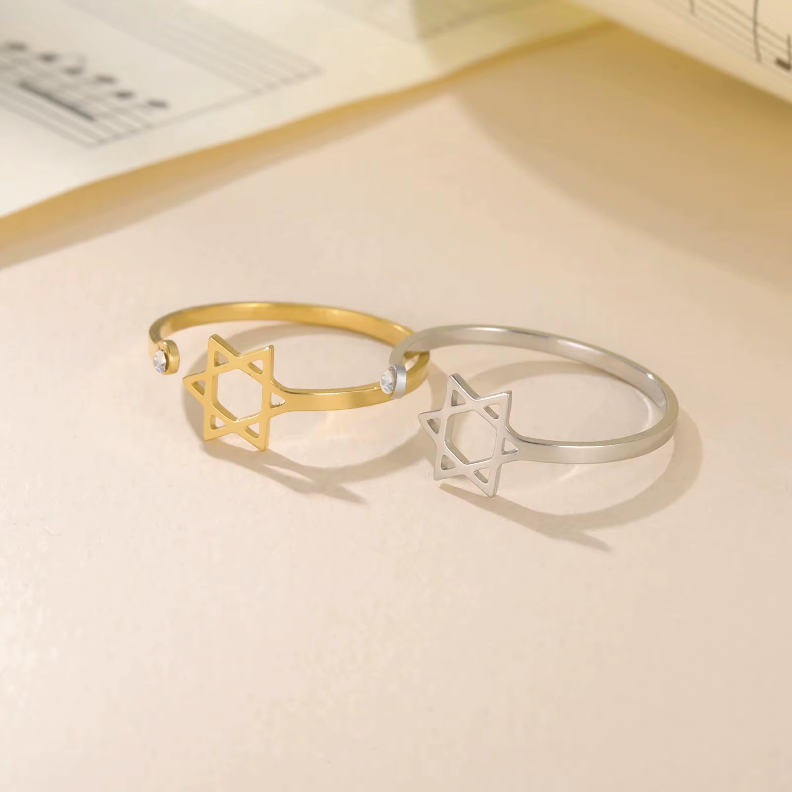 Jewish Star of David Open Ring with Clear Zircon Stainless Steel Ring Women Hexagram Jewelry Birthday Gift Wholesale