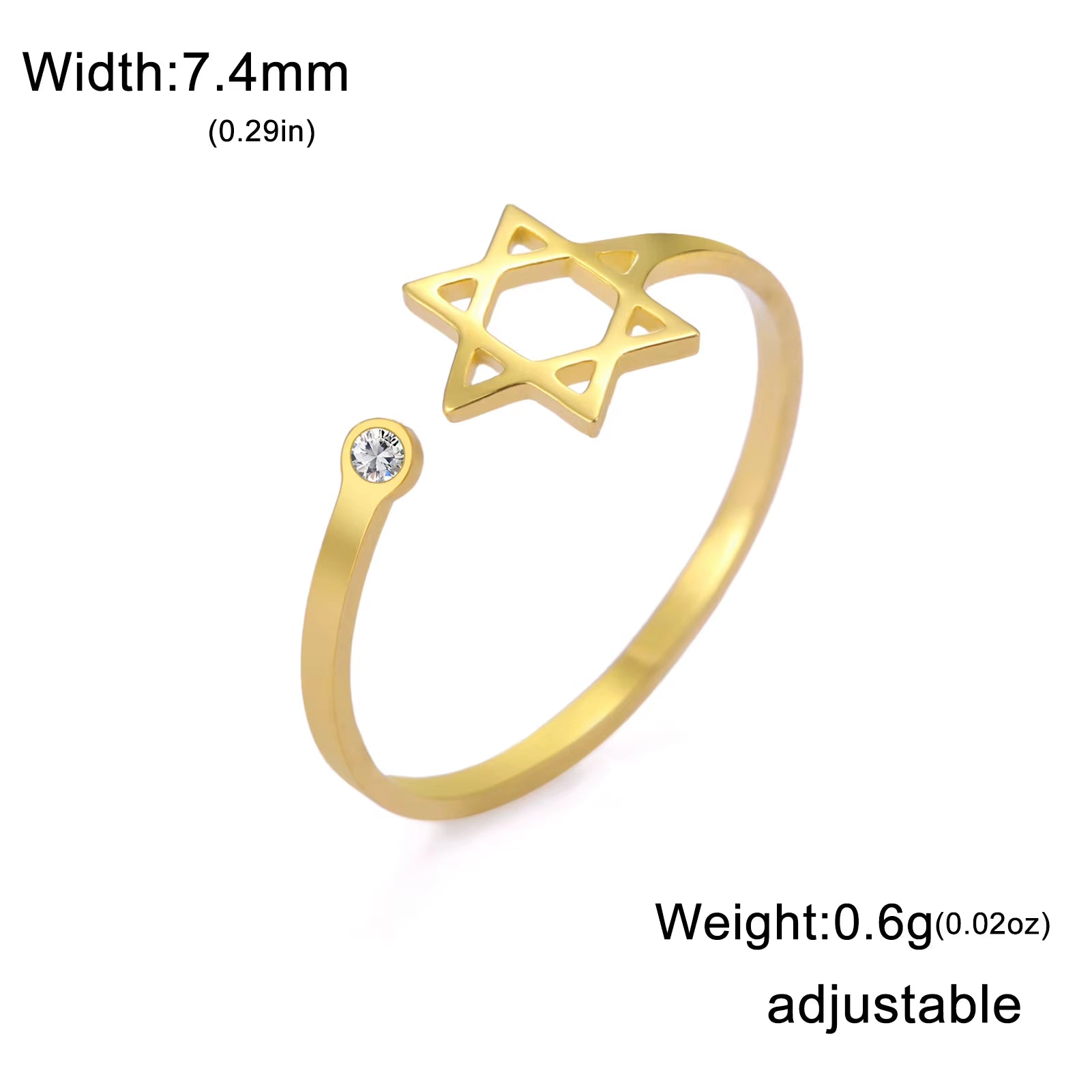 Jewish Star of David Open Ring with Clear Zircon Stainless Steel Ring Women Hexagram Jewelry Birthday Gift Wholesale