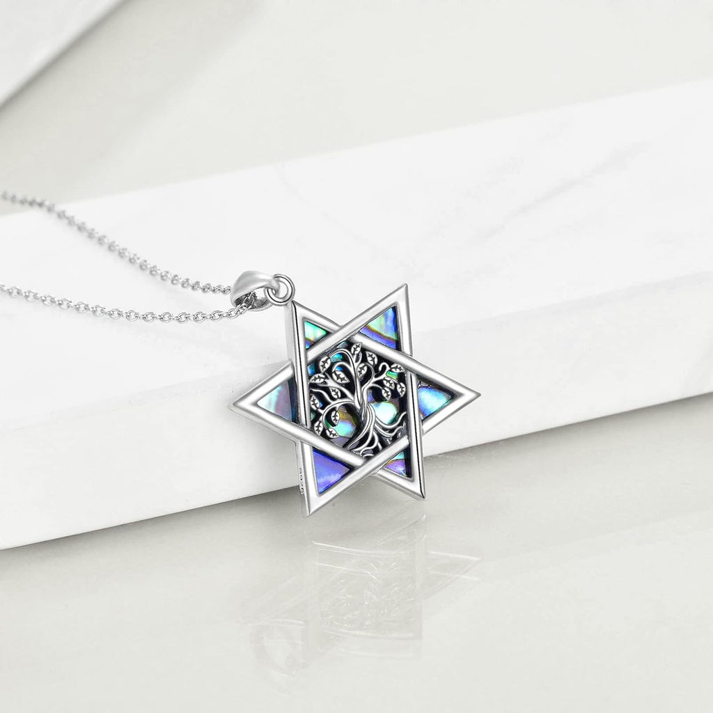 Star of David Necklace Sterling Sliver Abalone Shell Tree of Life Necklace Jewish Jewelry Gifts for Women Men