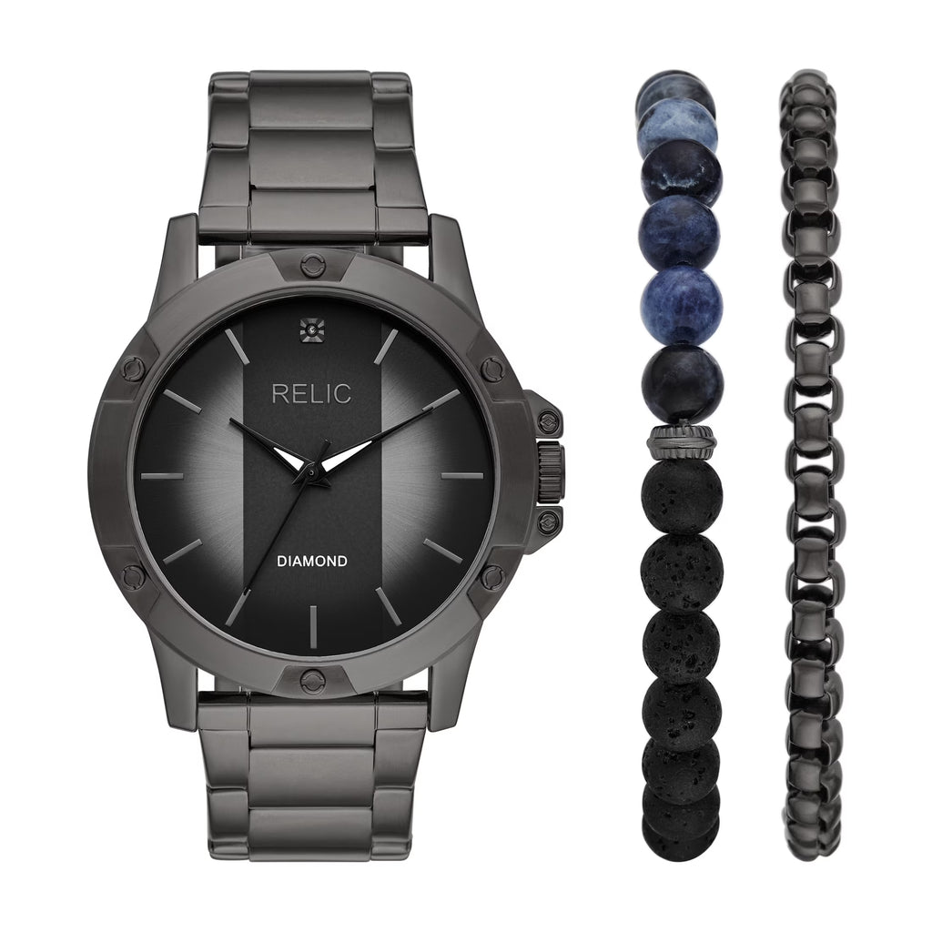 Men'S Rylan Three-Hand, Black Alloy Watch Gift Set