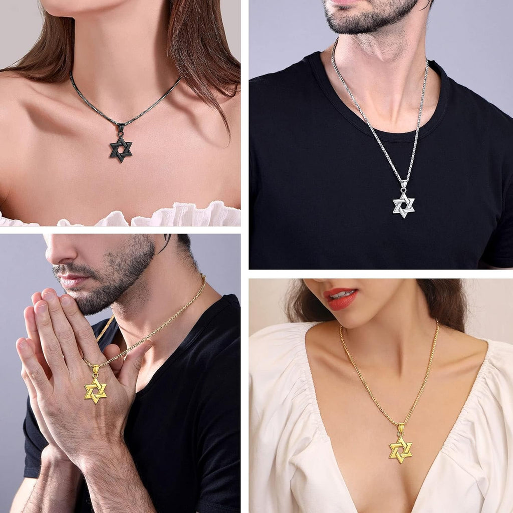 Star of David Necklace Handmade Stainless Steel Hexagram Pendant Israel Jewish Star Necklace Religious Jewelry, Protective Amulet Gift for Men Boys