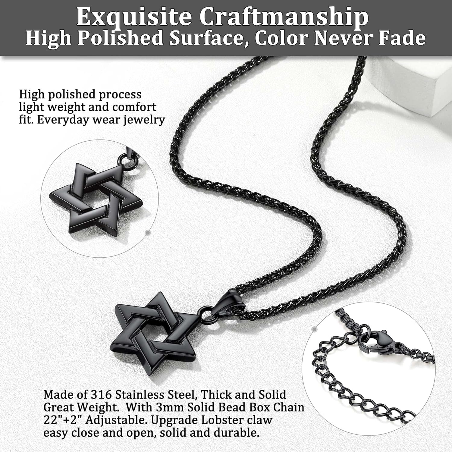 Star of David Necklace Handmade Stainless Steel Hexagram Pendant Israel Jewish Star Necklace Religious Jewelry, Protective Amulet Gift for Men Boys
