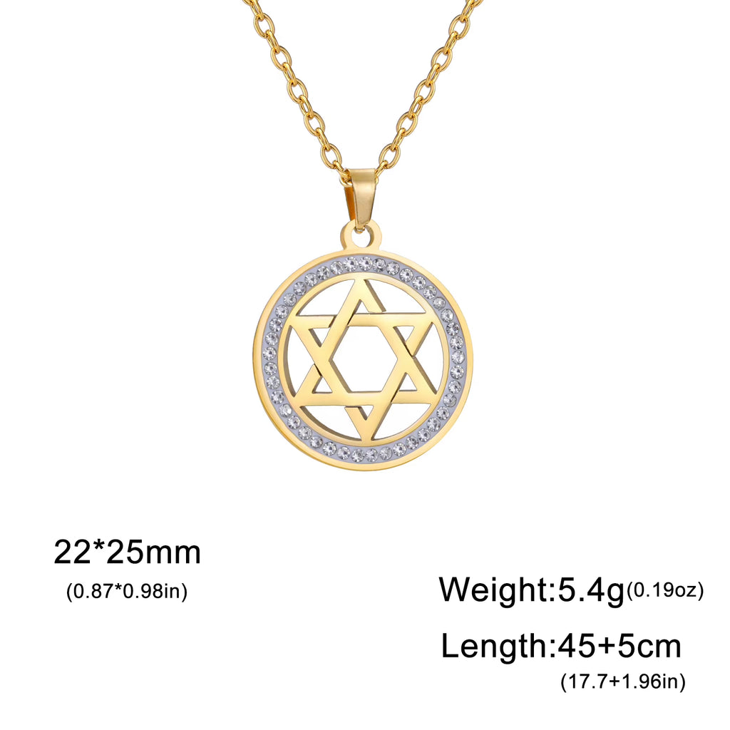 Star of David Stainless Steel Vintage Necklace Clear Zircon round Pendant Necklaces Jewelry Wedding Gift for Women Men