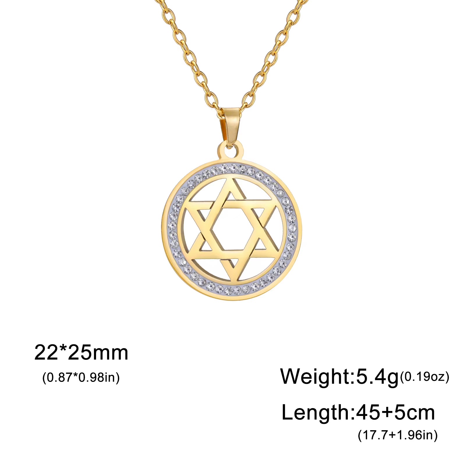 Star of David Stainless Steel Vintage Necklace Clear Zircon round Pendant Necklaces Jewelry Wedding Gift for Women Men