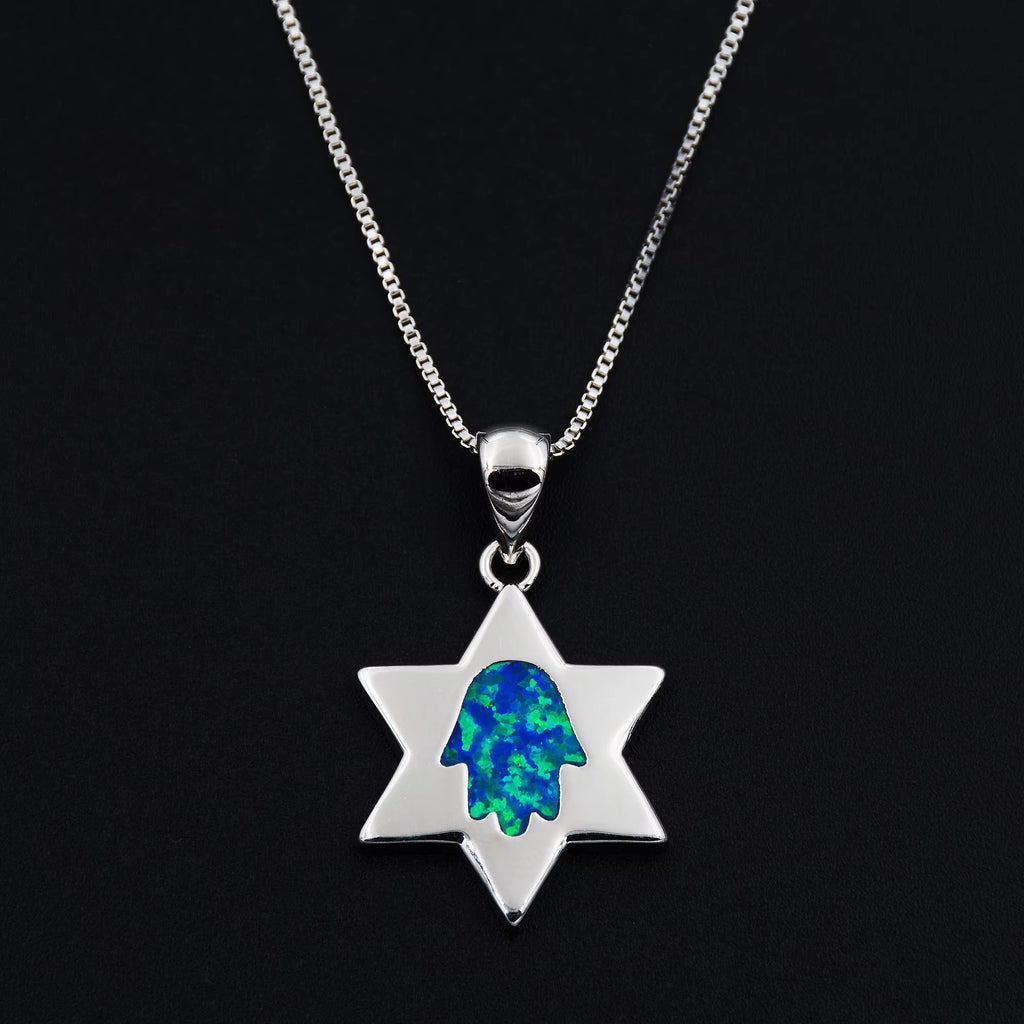 Star of David Fire Opal Chai Hebrew Jewish Pendant Necklace