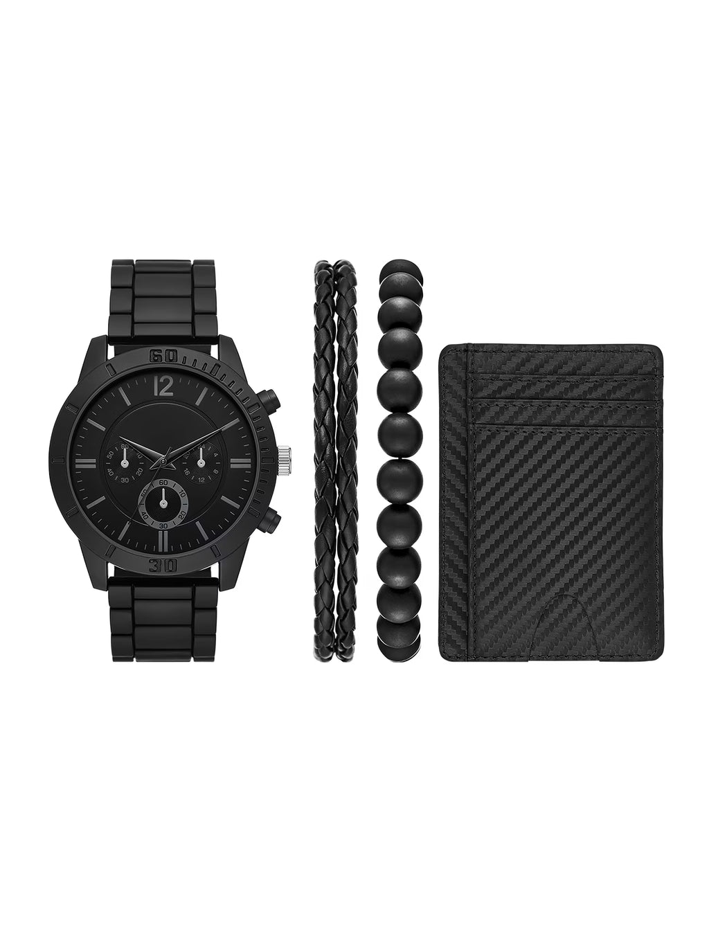 Men'S Matte Black round Analog Bracelet Watch, Layered Bracelets and Black Faux Leather (FMDAL1144)