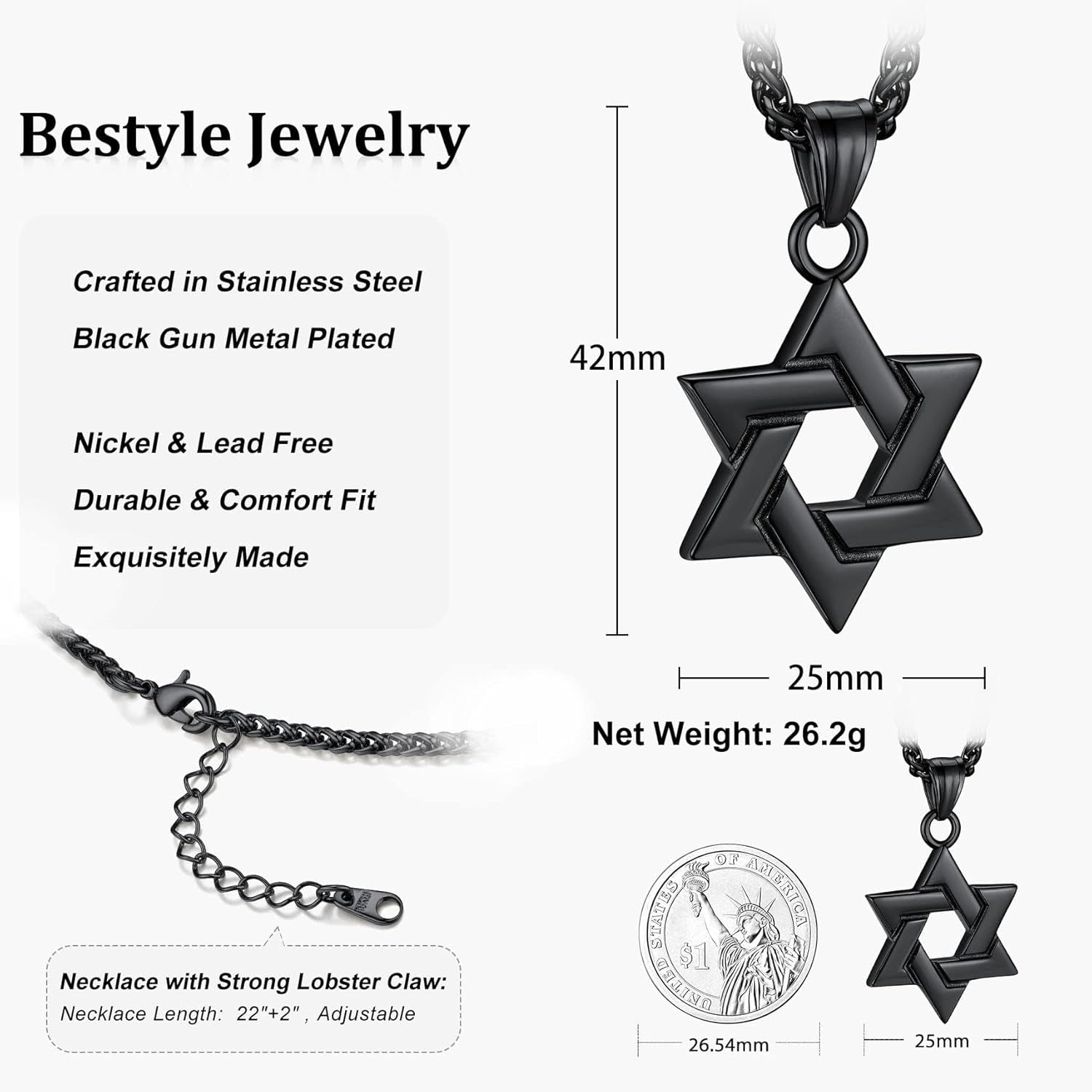 Star of David Necklace Handmade Stainless Steel Hexagram Pendant Israel Jewish Star Necklace Religious Jewelry, Protective Amulet Gift for Men Boys