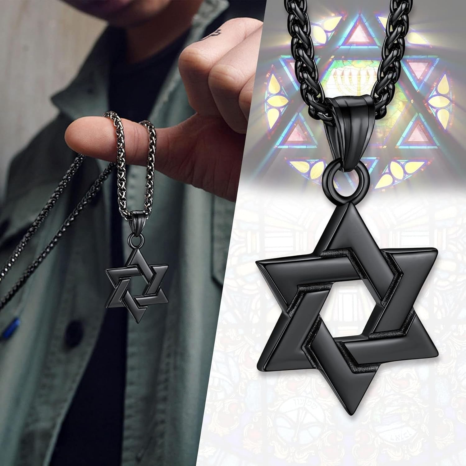Star of David Necklace Handmade Stainless Steel Hexagram Pendant Israel Jewish Star Necklace Religious Jewelry, Protective Amulet Gift for Men Boys