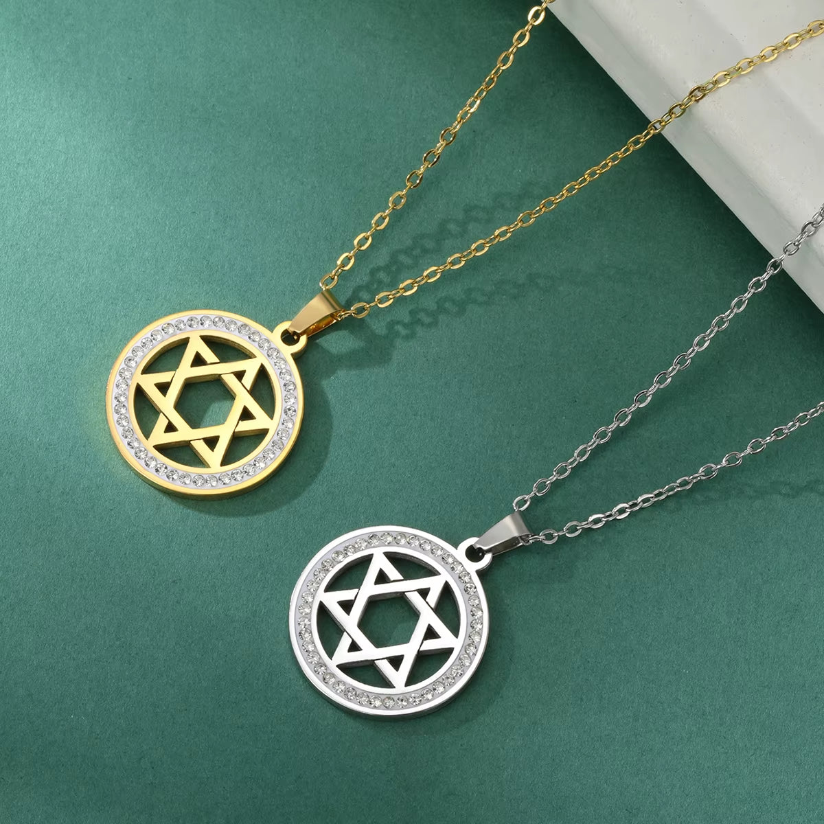 Star of David Stainless Steel Vintage Necklace Clear Zircon round Pendant Necklaces Jewelry Wedding Gift for Women Men
