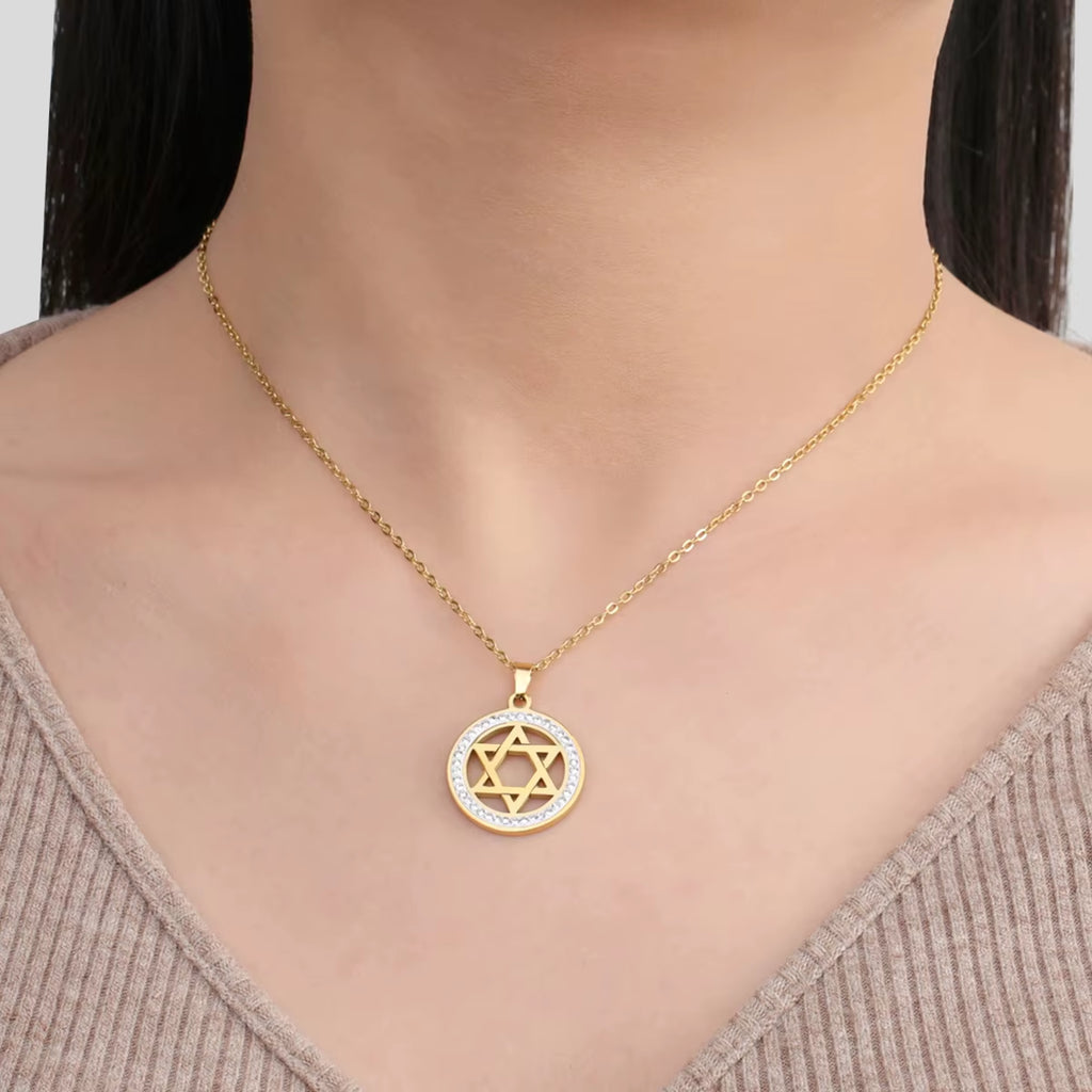 Star of David Stainless Steel Vintage Necklace Clear Zircon round Pendant Necklaces Jewelry Wedding Gift for Women Men