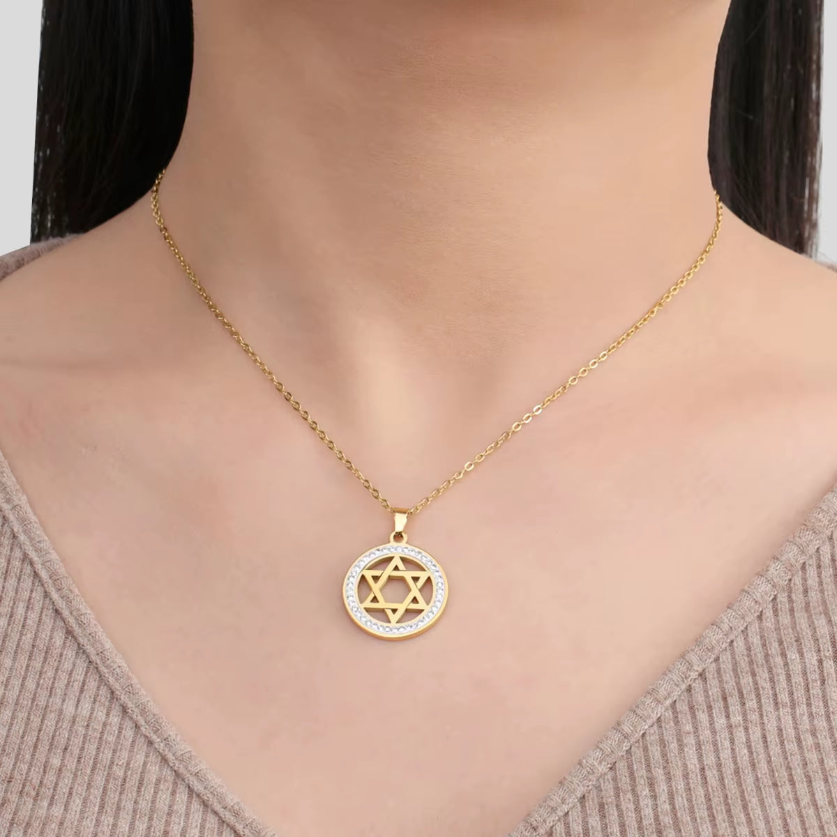 Star of David Stainless Steel Vintage Necklace Clear Zircon round Pendant Necklaces Jewelry Wedding Gift for Women Men