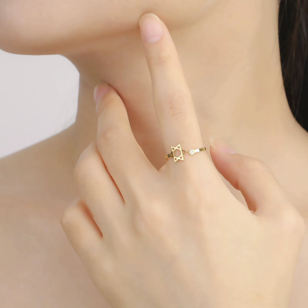 Jewish Star of David Open Ring with Clear Zircon Stainless Steel Ring Women Hexagram Jewelry Birthday Gift Wholesale