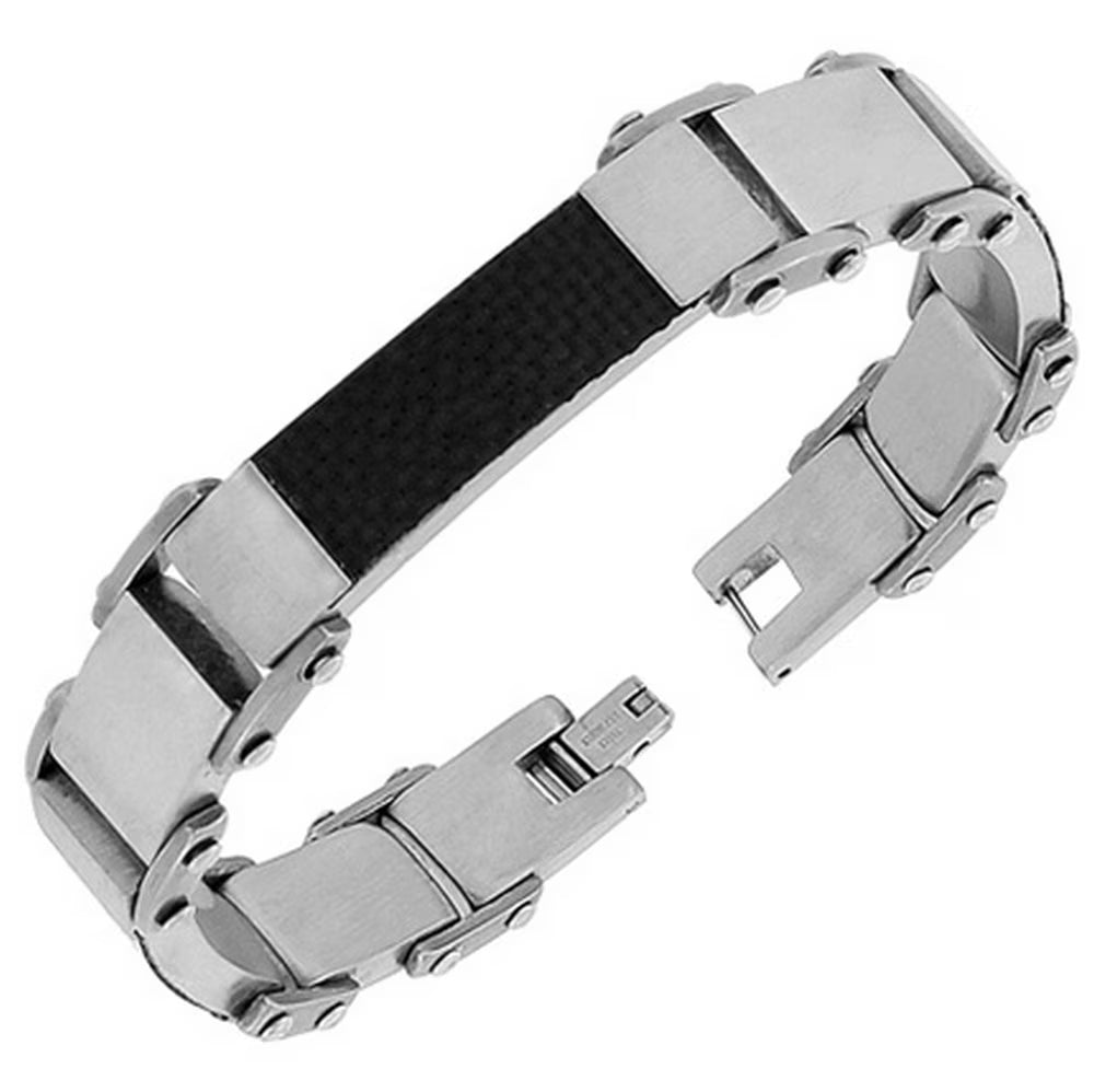Stainless Steel Simulated Carbon Fiber Two-Tone Link Chain Mens Bracelet