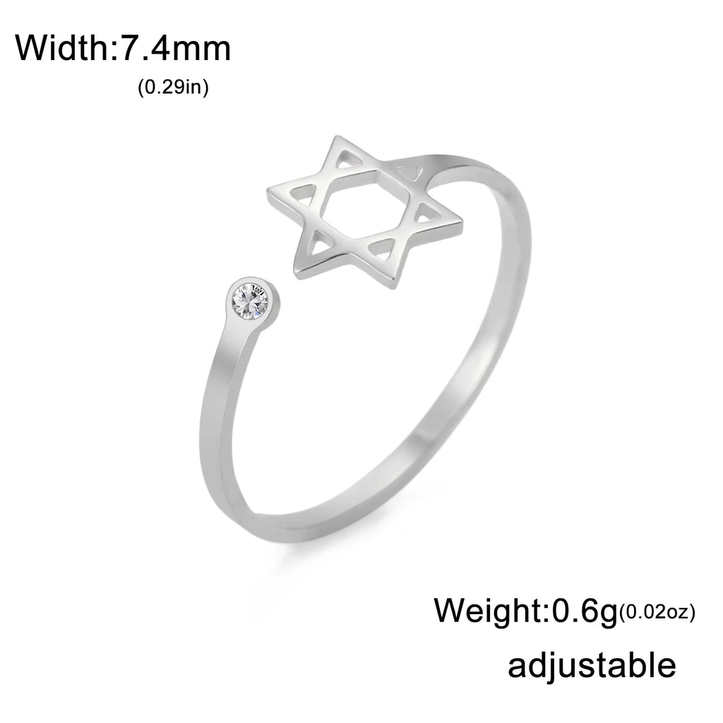 Jewish Star of David Open Ring with Clear Zircon Stainless Steel Ring Women Hexagram Jewelry Birthday Gift Wholesale