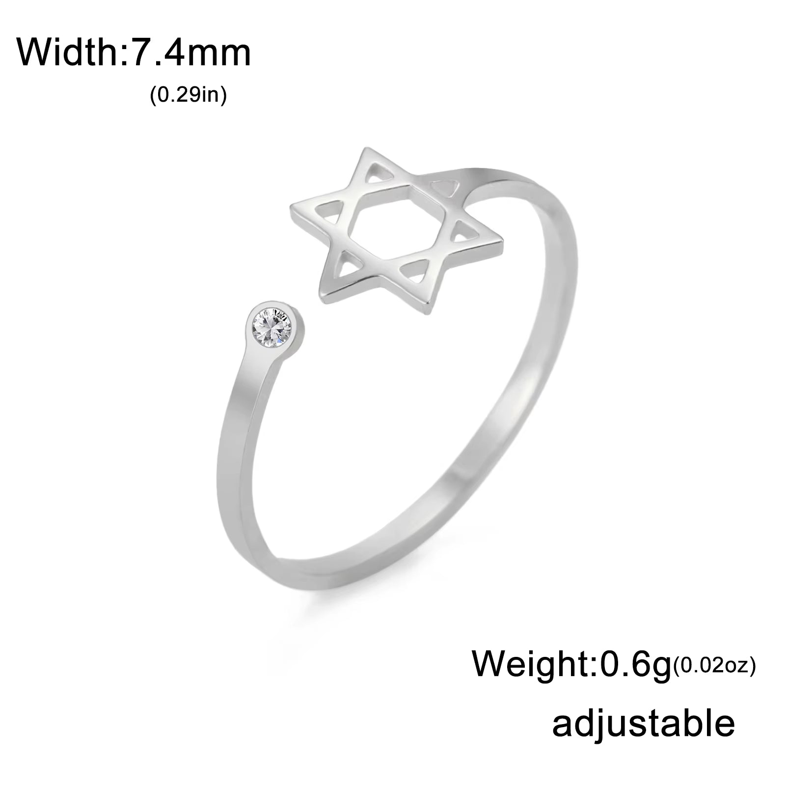 Jewish Star of David Open Ring with Clear Zircon Stainless Steel Ring Women Hexagram Jewelry Birthday Gift Wholesale