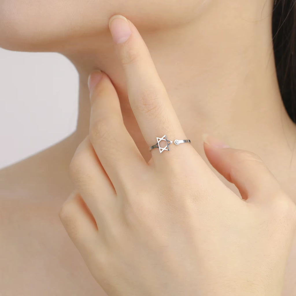 Jewish Star of David Open Ring with Clear Zircon Stainless Steel Ring Women Hexagram Jewelry Birthday Gift Wholesale